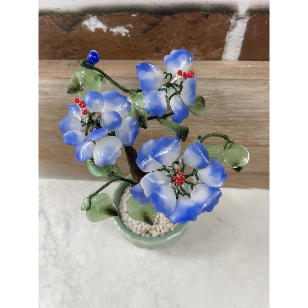 Vintage Bonsai Blue Glass Flowers In A Celodon Vase 6" - Picture 2 of 6